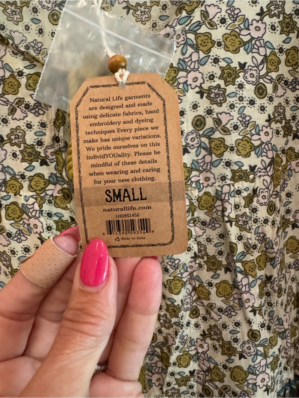 NATURAL LIFE Olive Green and Cream Floral Peasant dress - Picture 3 of 4